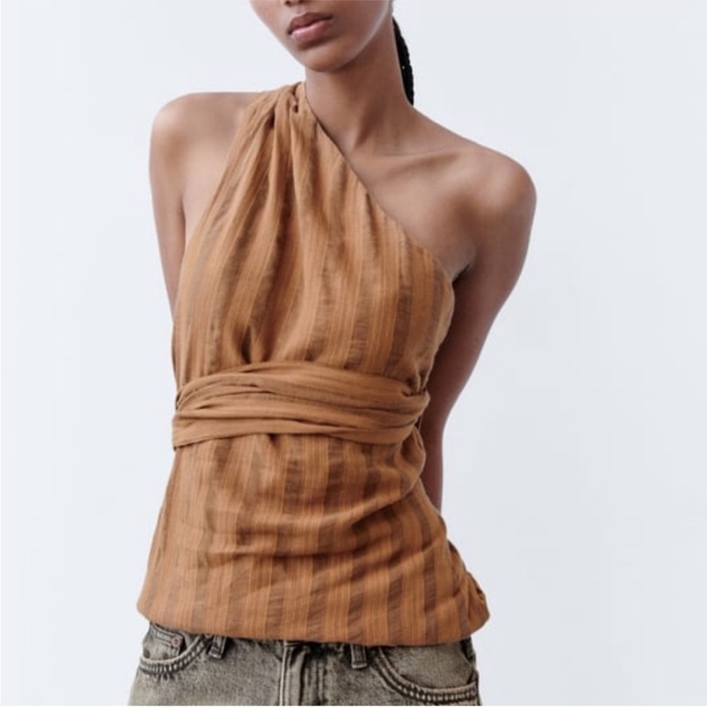 Zara one shoulder striped top in Brown